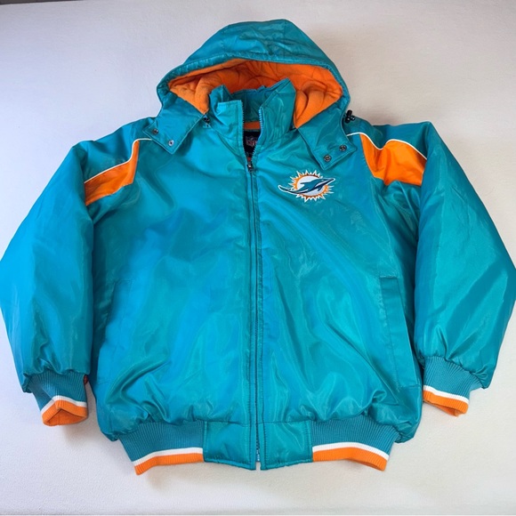NFL Miami Dolphins Jacket with Embroidered Logo in Blue with Orange Lining - Picture 1 of 4